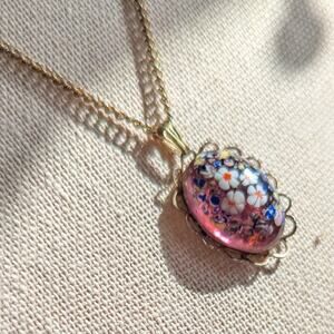 Vintage Millefiori Glass Domed Cabochon Pendant Necklace oval